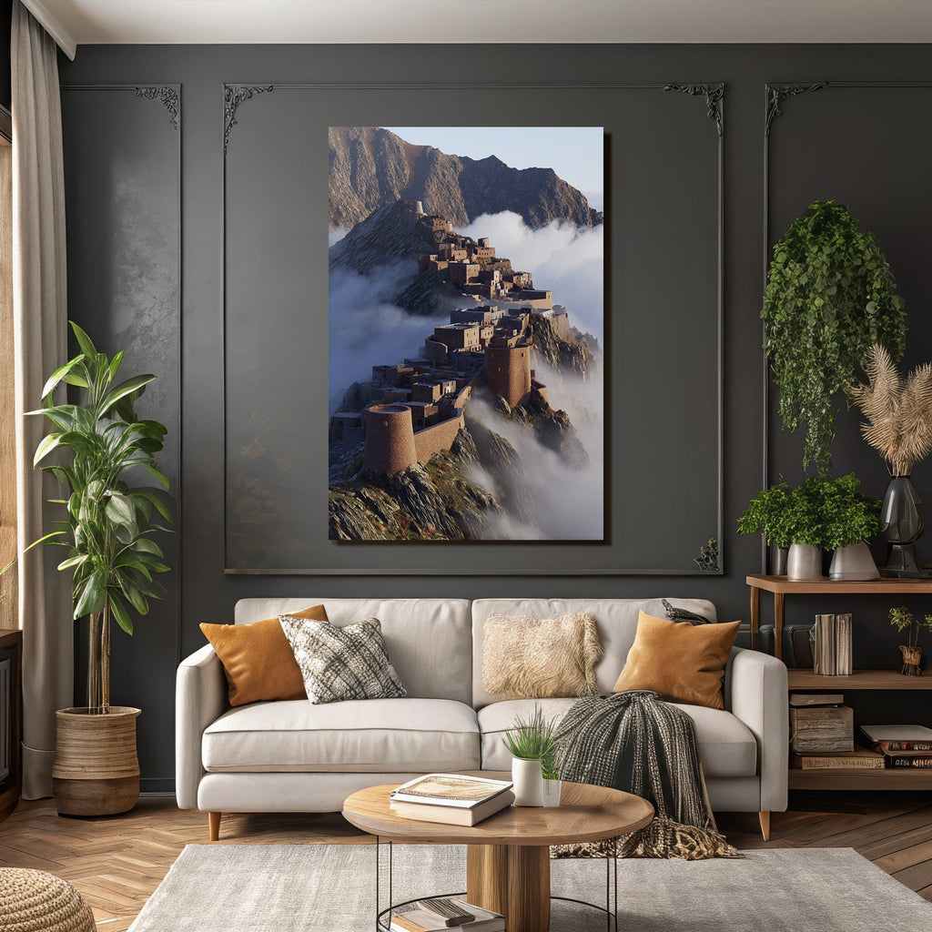 Mountain Village With Fortress in the Fog