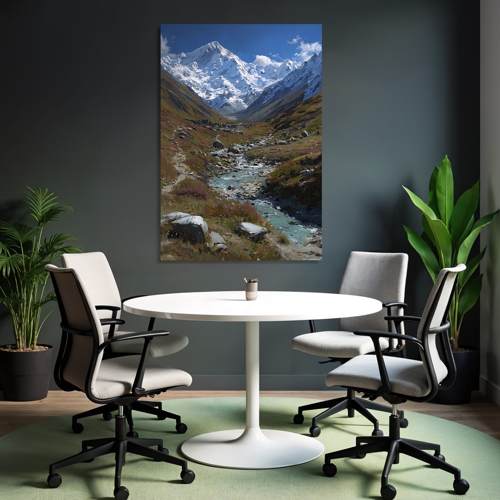 Berglandschaft Mit Schneebedeckten Gipfeln Und Windendem Fluss Im Tal