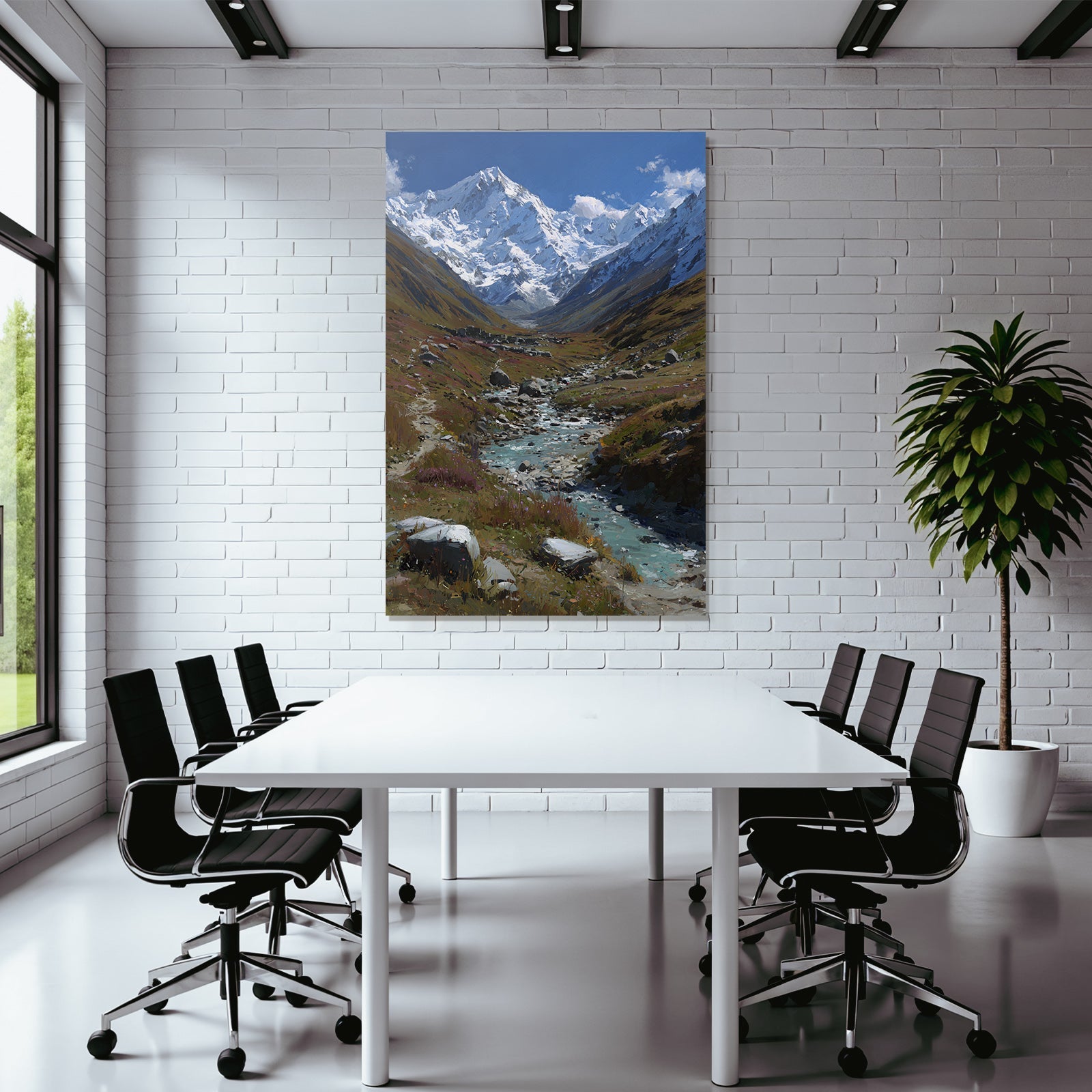 Berglandschaft Mit Schneebedeckten Gipfeln Und Windendem Fluss Im Tal