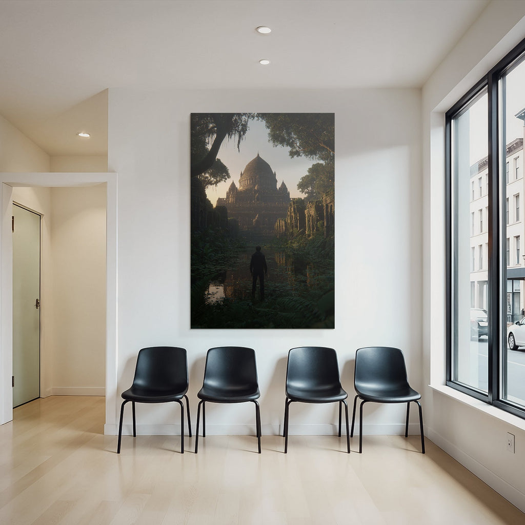 Entdecker Vor Uraltem Tempel Am Spiegelnden See
