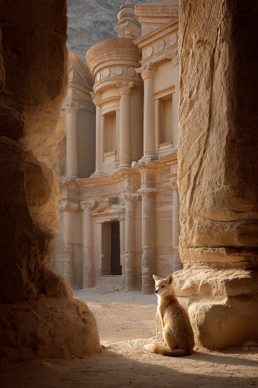 Fuchs Vor Monumentaler Steinarchitektur In Petra | UNESCO Weltkulturerbe | Laender und Reisen