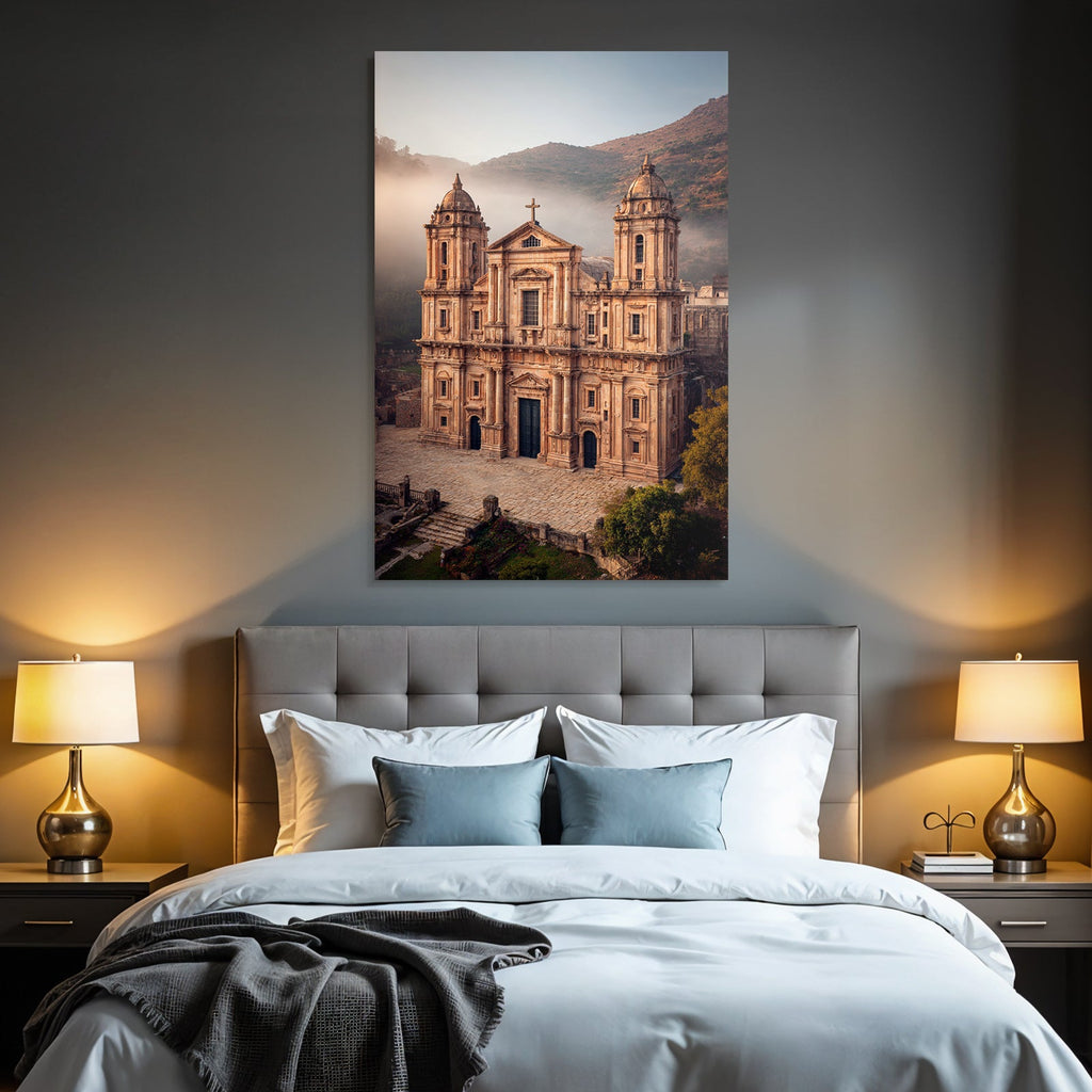 Historische Kathedrale Mit Kuppeln Vor Nebligen Bergen