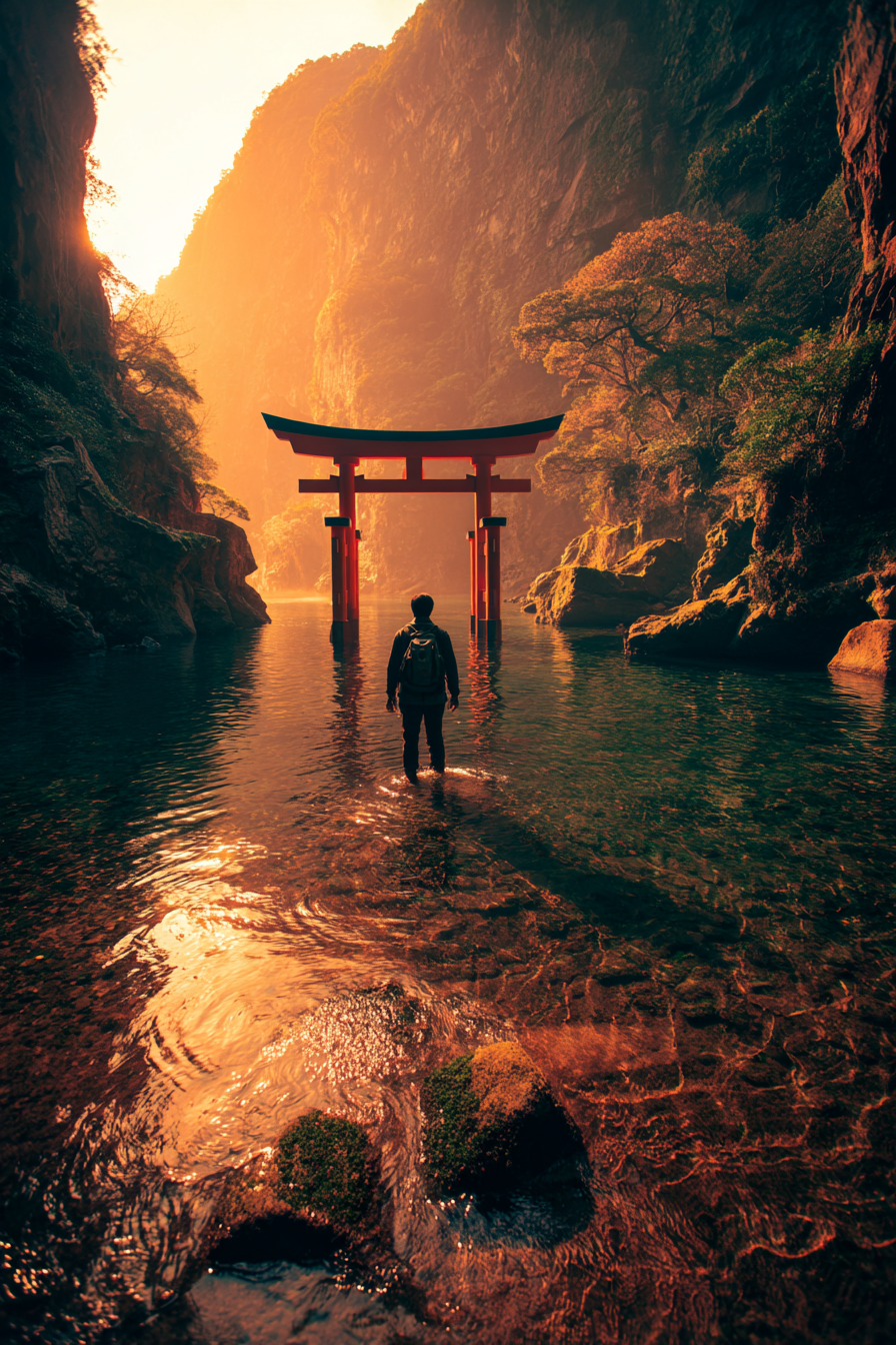 Person Im Flachen Wasser Vor Japanischem Torii Bei Sonnenaufgang | UNESCO Weltkulturerbe | Laender und Reisen