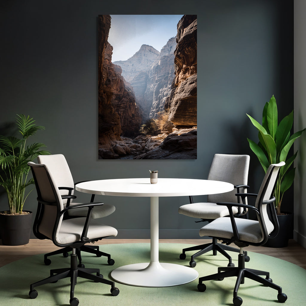 Steep rock walls in a gorge with sunlight