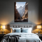 Steep rock walls in a gorge with sunlight