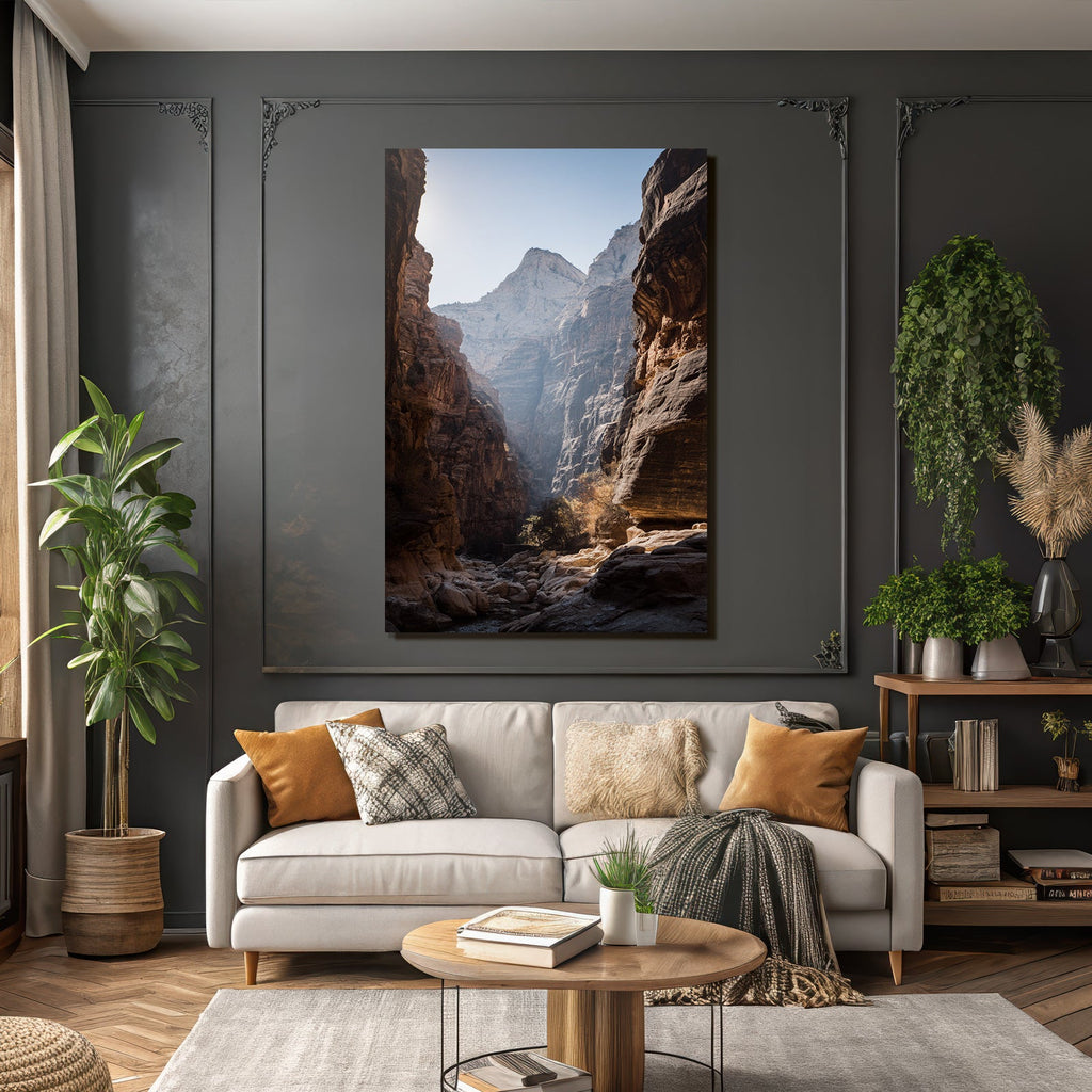 Steep rock walls in a gorge with sunlight