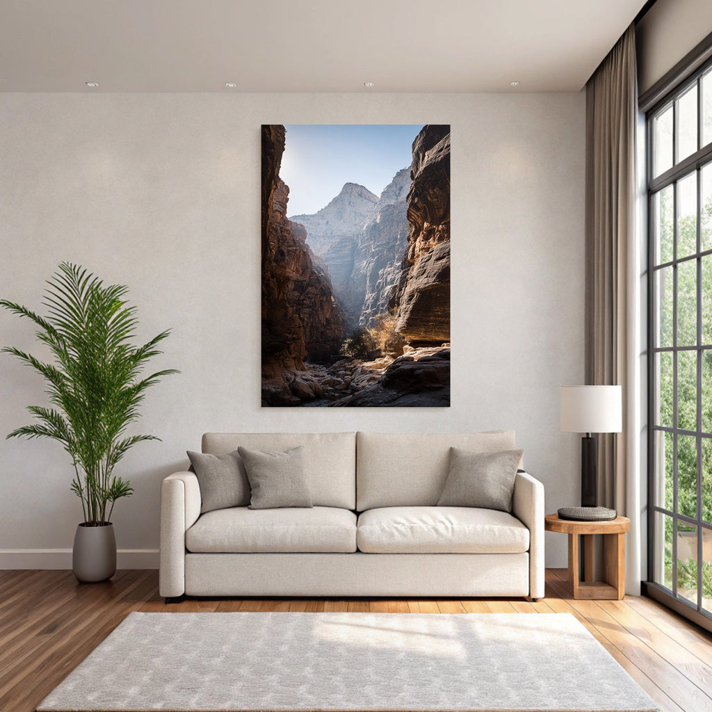 Steep rock walls in a gorge with sunlight