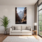 Steep rock walls in a gorge with sunlight