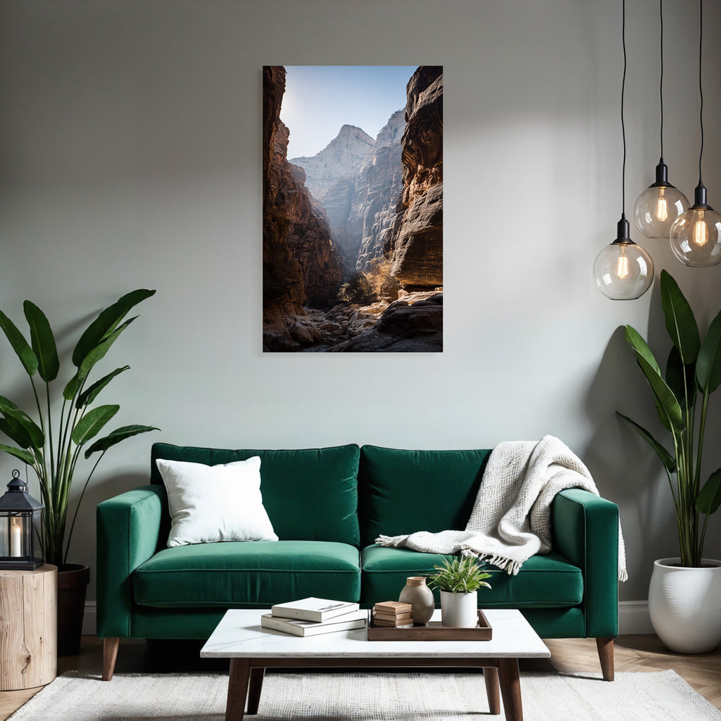 Steep rock walls in a gorge with sunlight