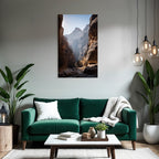 Steep rock walls in a gorge with sunlight