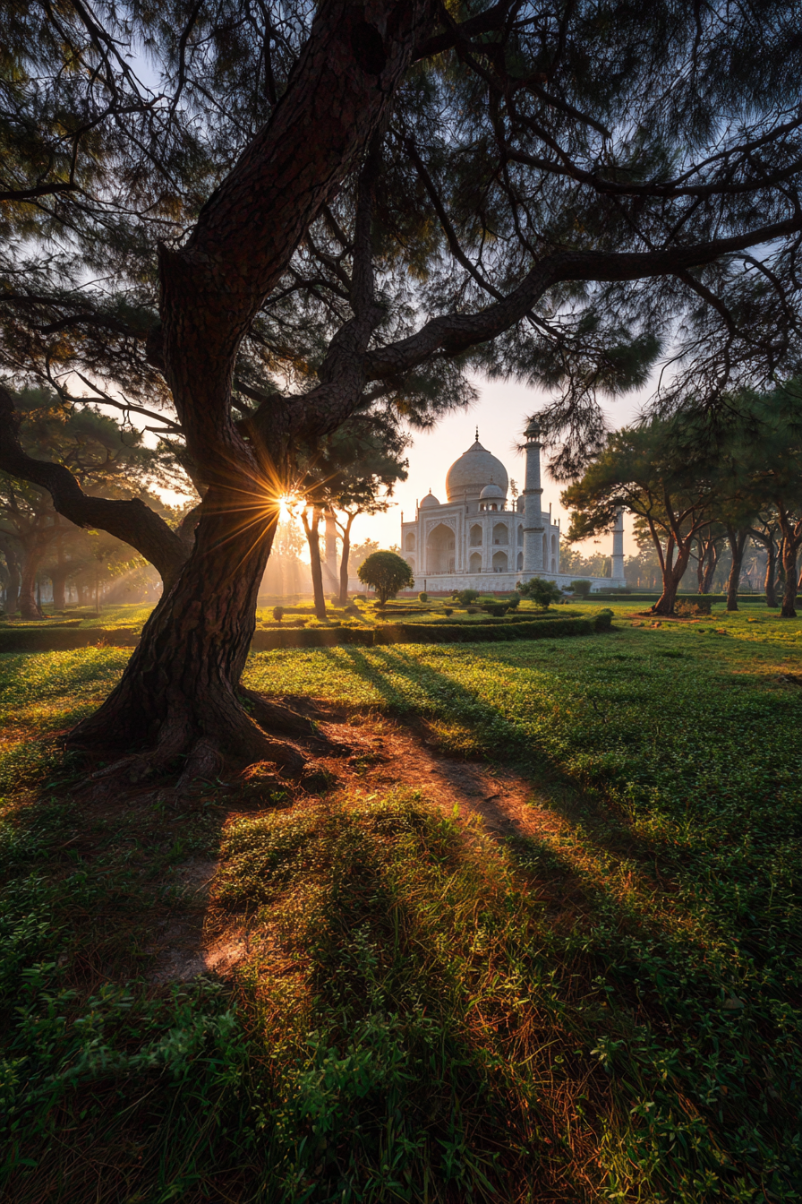 Taj Mahal Gerahmt Von Bäumen Und Gras Bei Sonnenaufgang | UNESCO Weltkulturerbe | Laender und Reisen