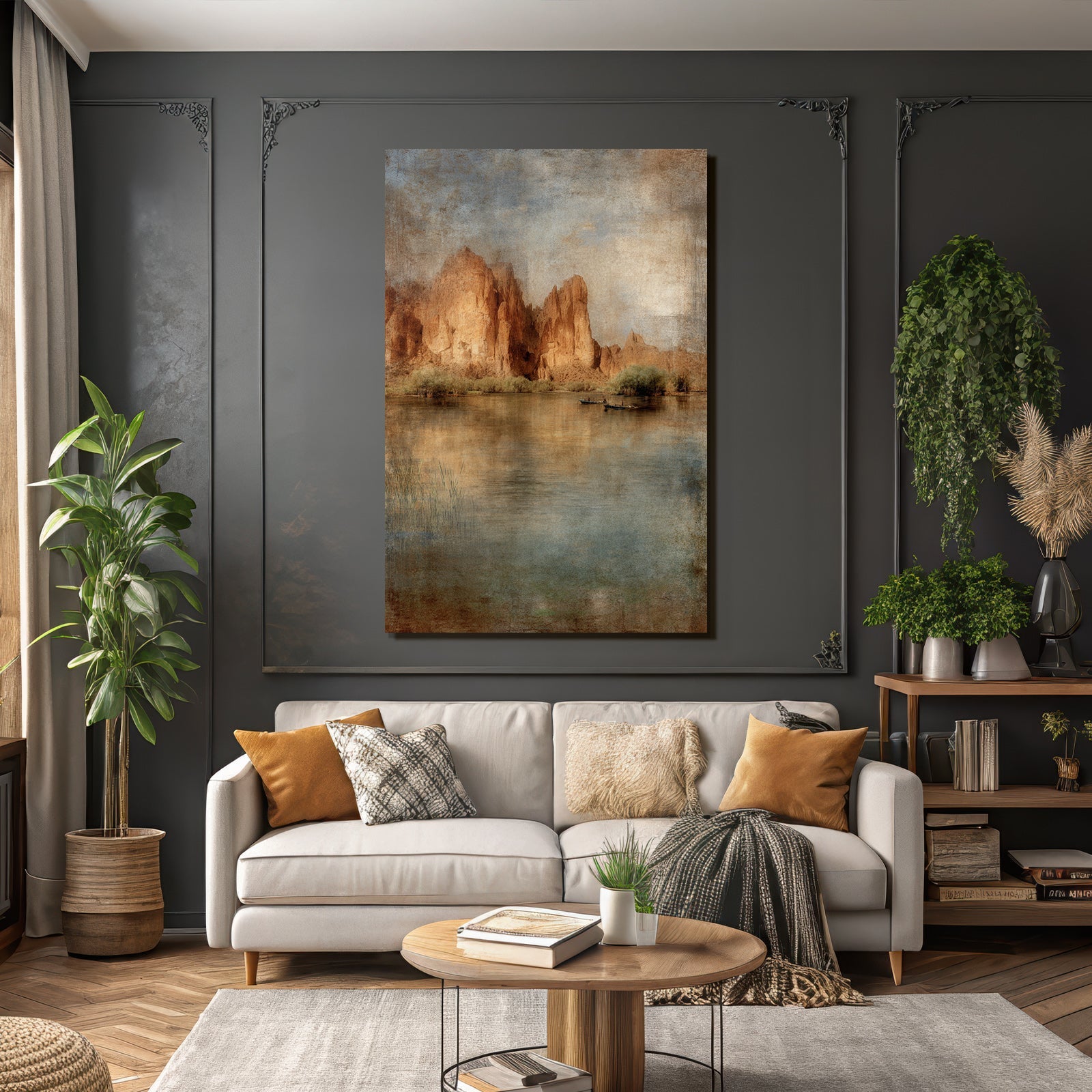 Vintagelandschaft Mit Booten Und Felsformationen Am See