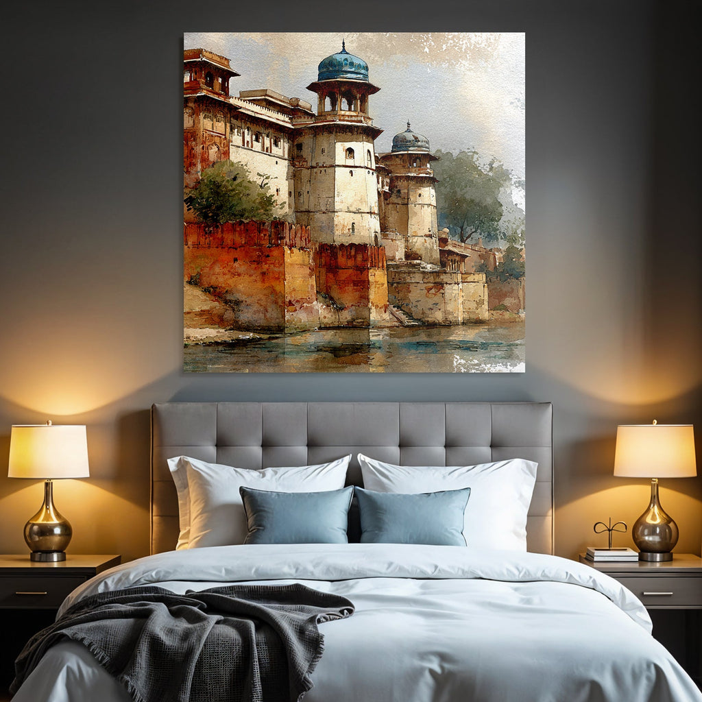 Aquarellgemalde Einer Historischen Indischen Festung Am Wasser