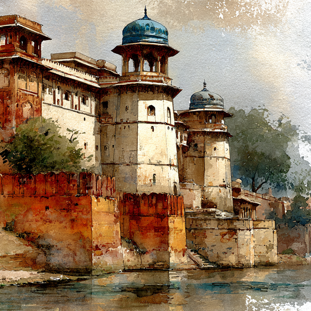Aquarellgemalde Einer Historischen Indischen Festung Am Wasser | UNESCO Weltkulturerbe | Laender und Reisen