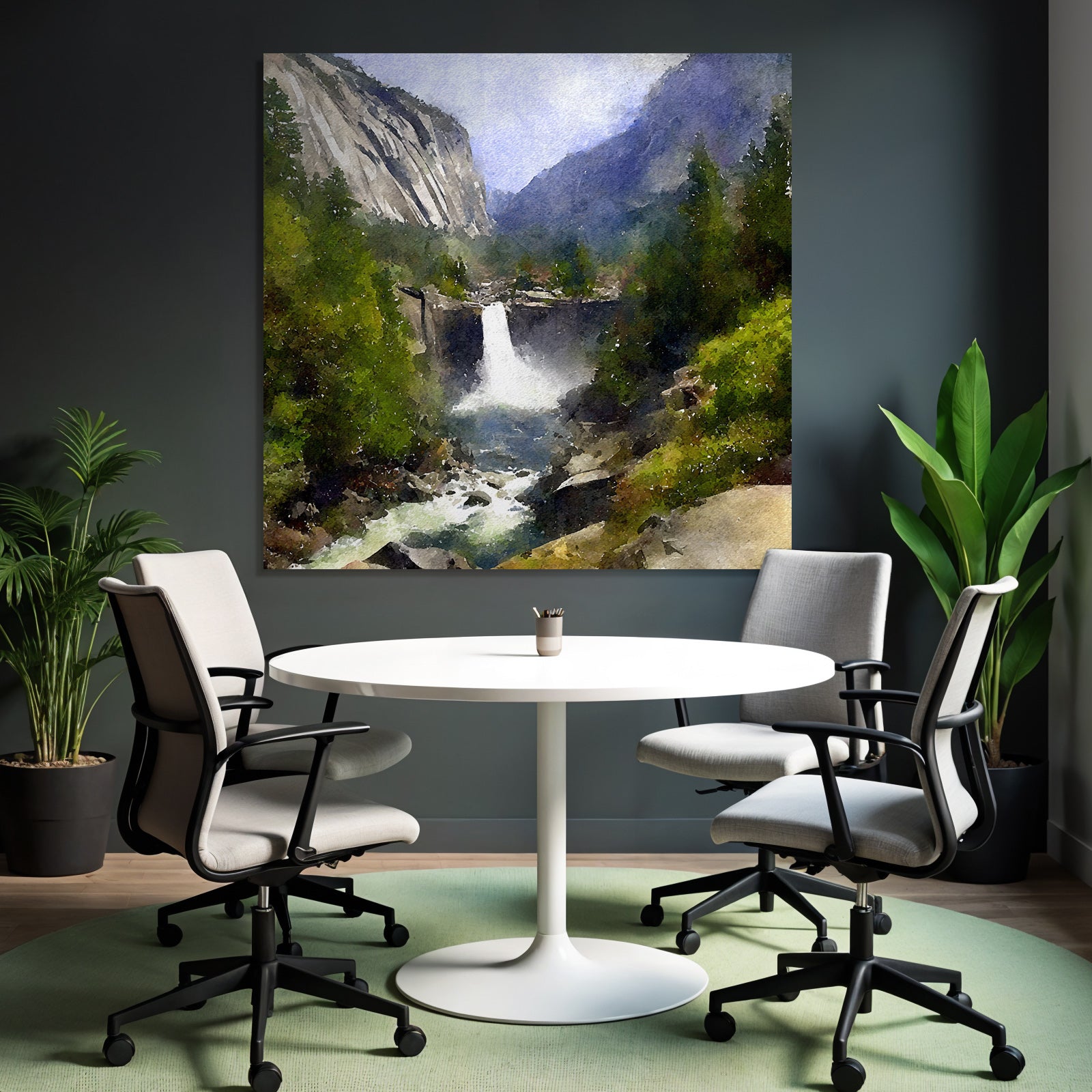 Aquarelllandschaft Mit Wasserfall Und Bergen