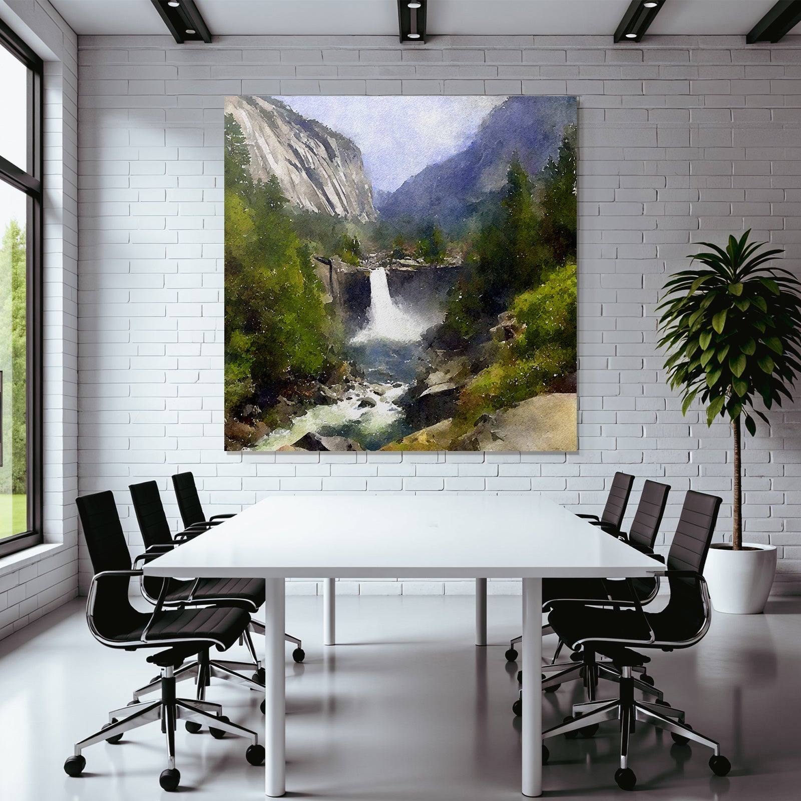 Aquarelllandschaft Mit Wasserfall Und Bergen