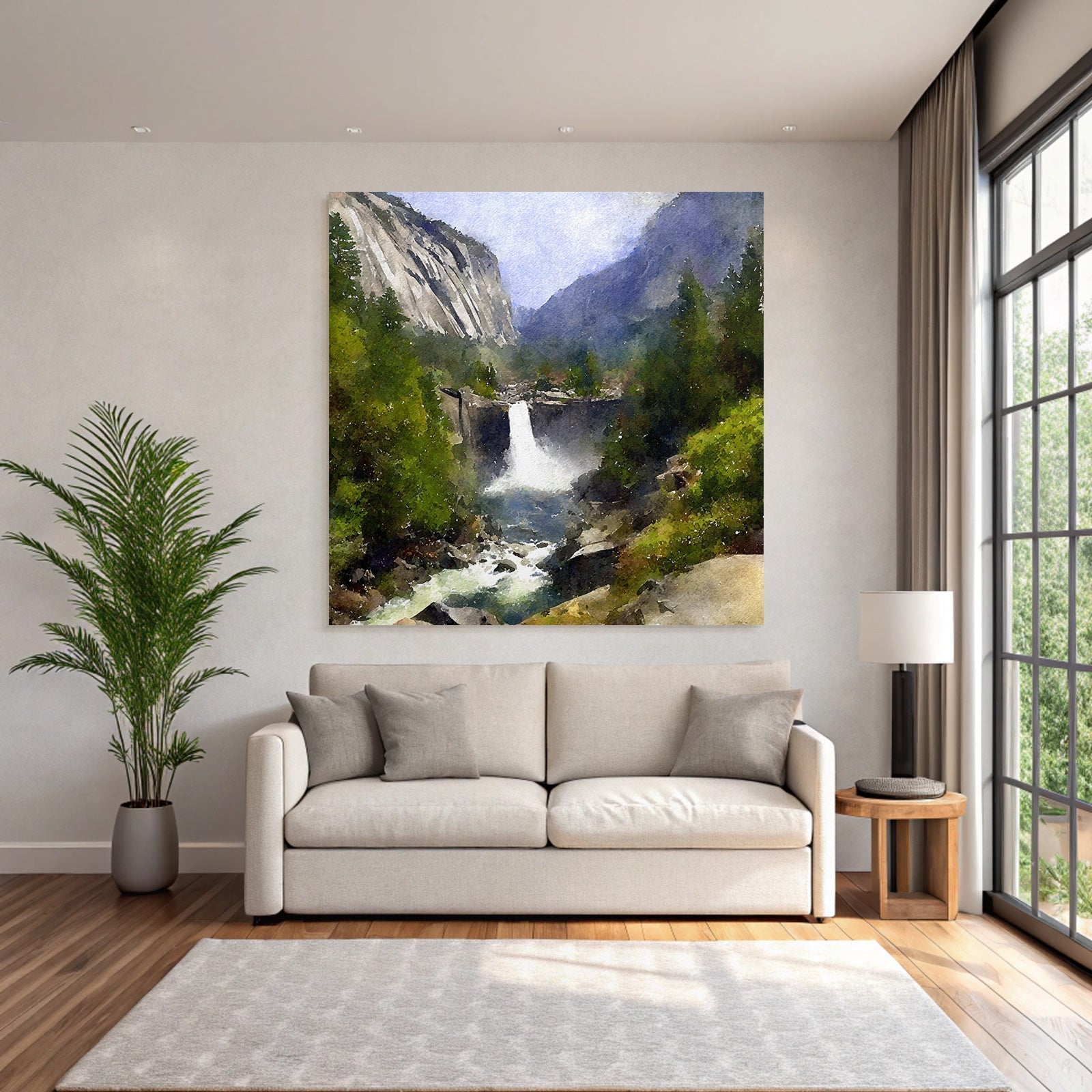 Aquarelllandschaft Mit Wasserfall Und Bergen