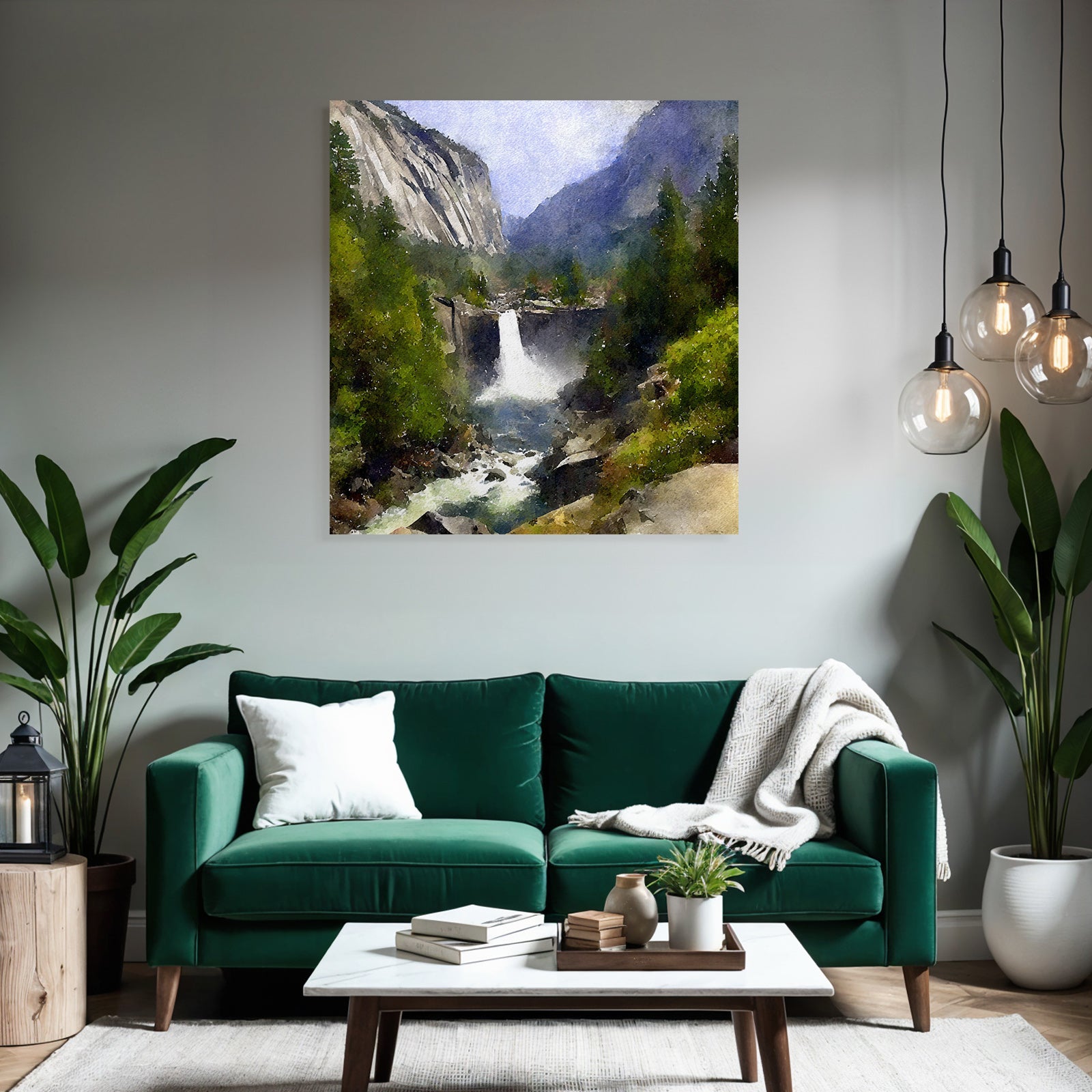 Aquarelllandschaft Mit Wasserfall Und Bergen