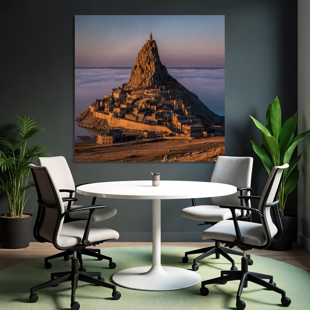 Dramatische Landschaft Mit Felsformation Und Dorf Unter Sonnenaufgang