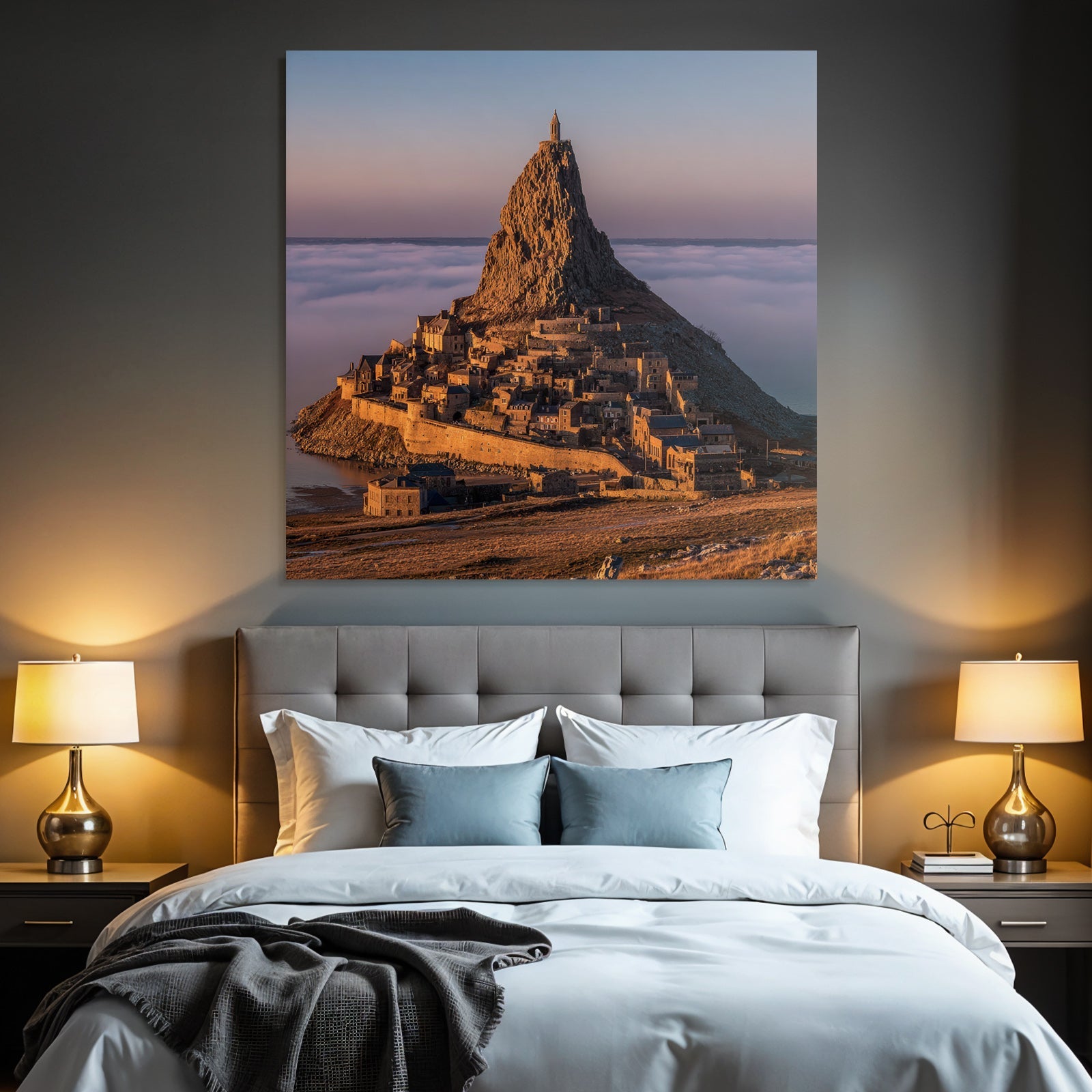 Dramatische Landschaft Mit Felsformation Und Dorf Unter Sonnenaufgang
