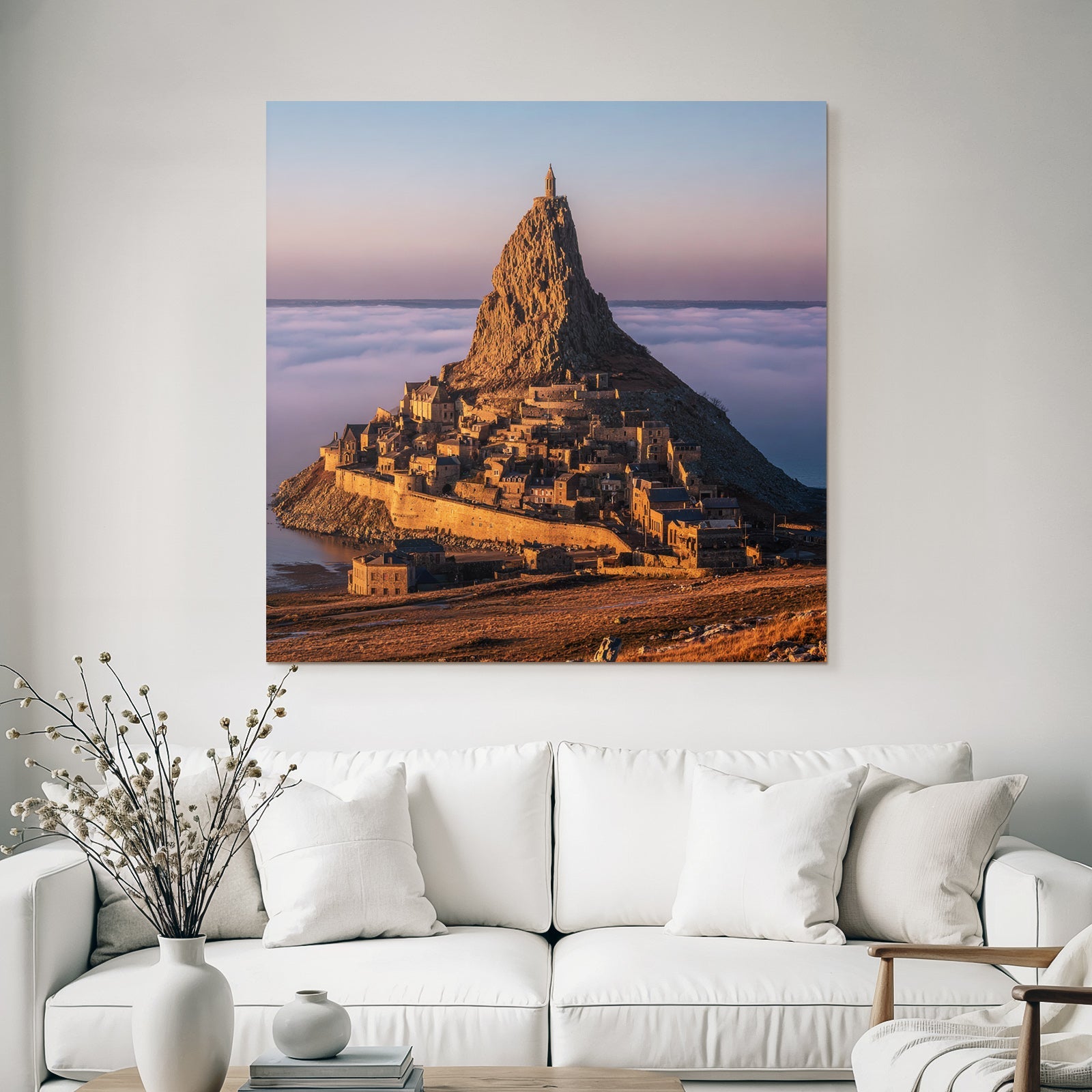 Dramatische Landschaft Mit Felsformation Und Dorf Unter Sonnenaufgang