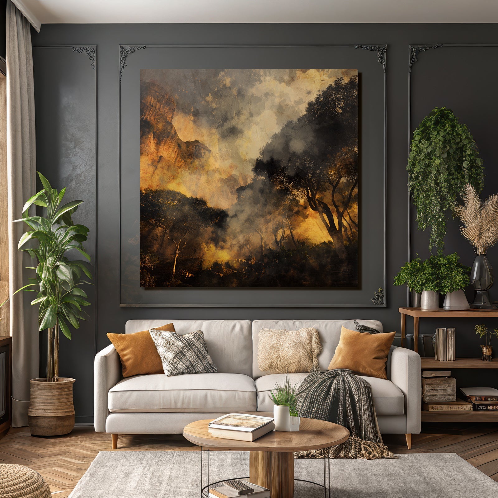 Dramatische Landschaft Mit Nebelbedeckten Bäumen Und Gebirgen Bei Dämmerung
