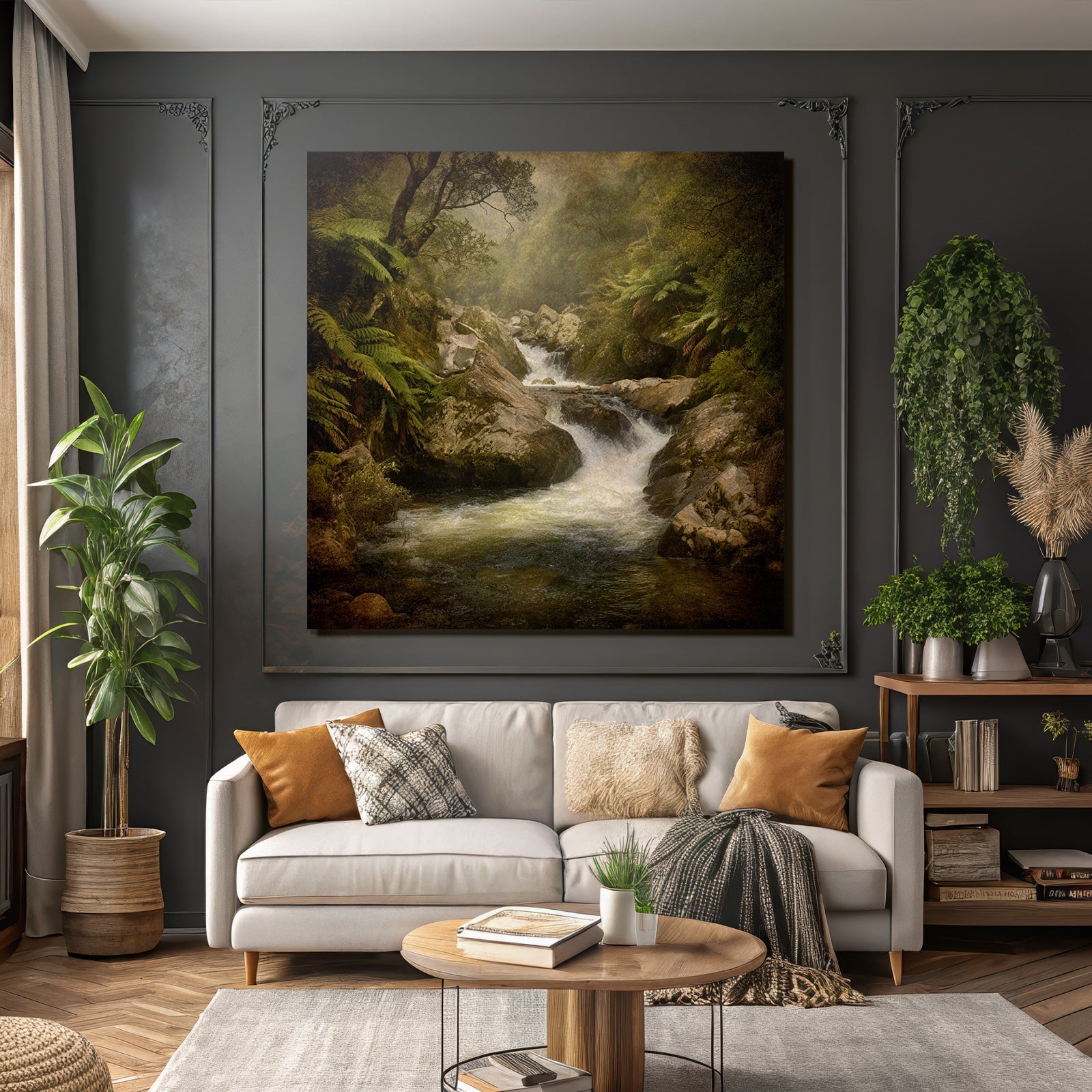 Friedlicher Nebliger Waldfluss Mit Farnen Und Felsen