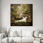 Friedlicher Nebliger Waldfluss Mit Farnen Und Felsen