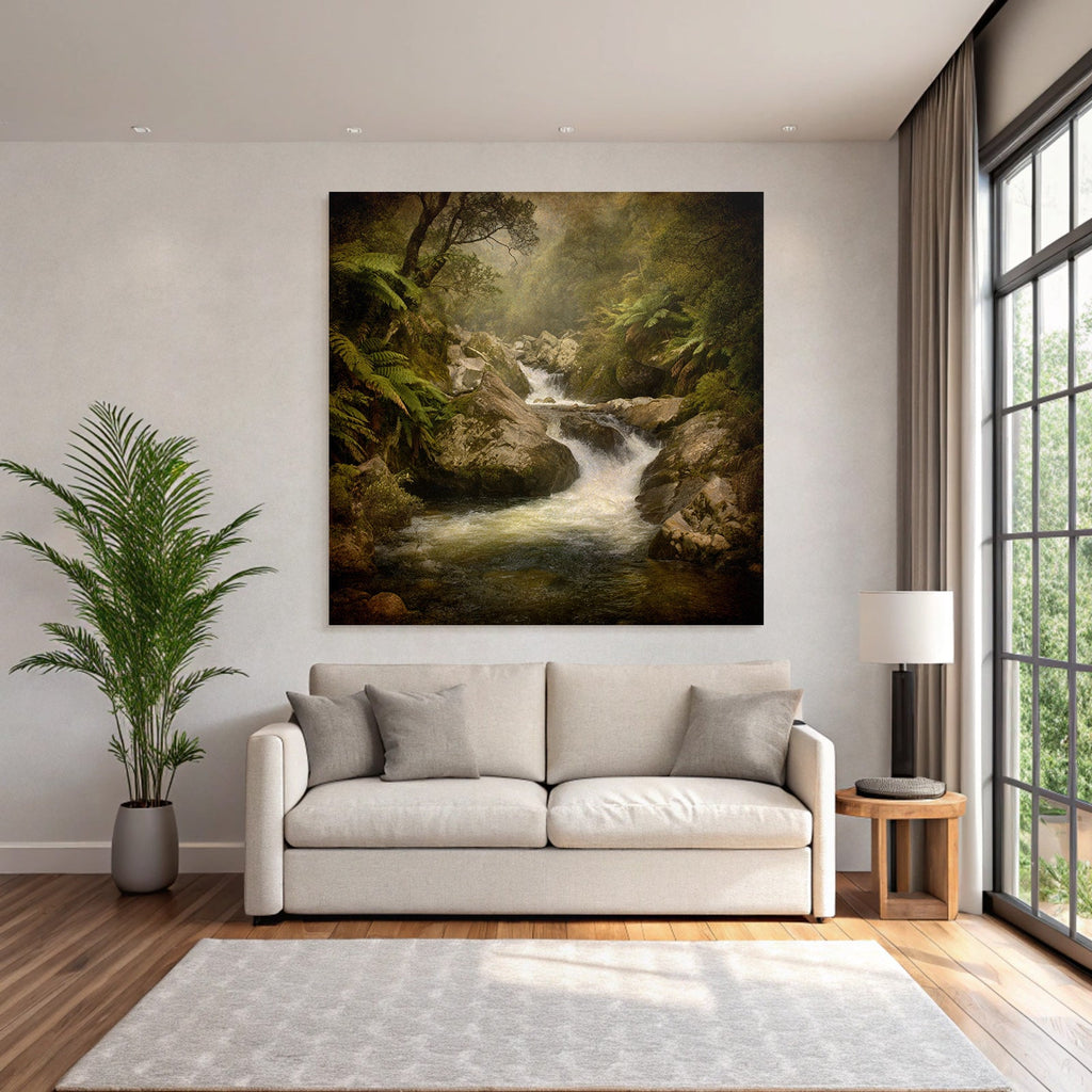 Friedlicher Nebliger Waldfluss Mit Farnen Und Felsen