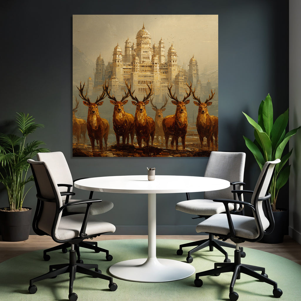 Majestic Castle and Deer in Warm Golden Light