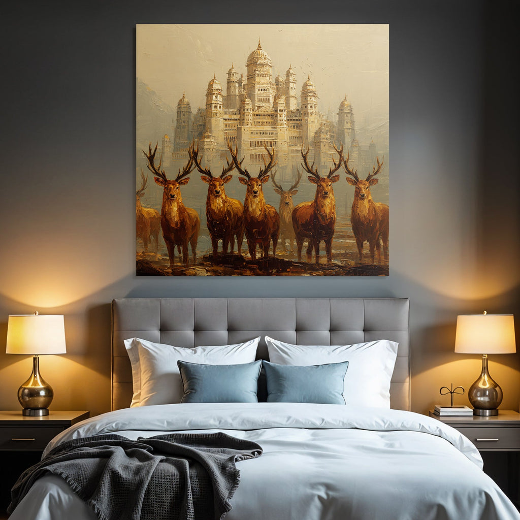 Majestic Castle and Deer in Warm Golden Light