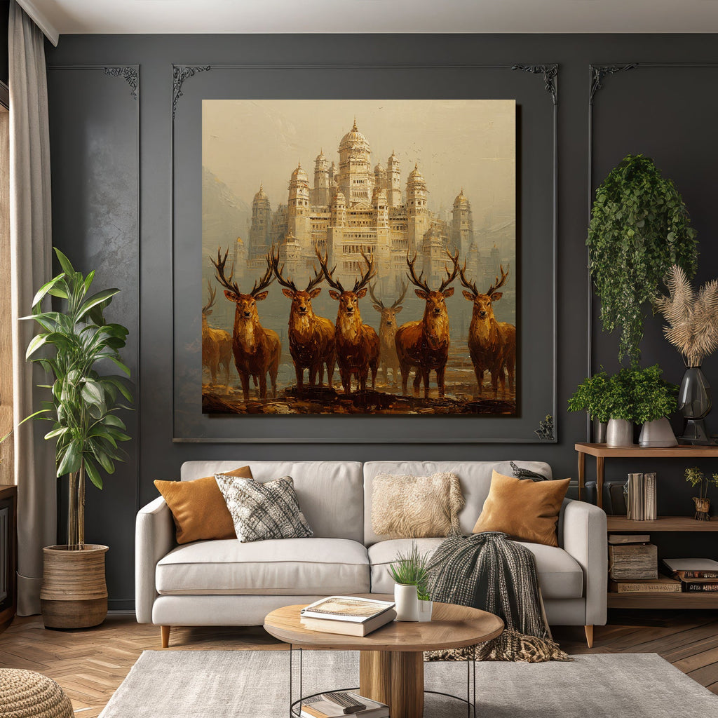 Majestic Castle and Deer in Warm Golden Light