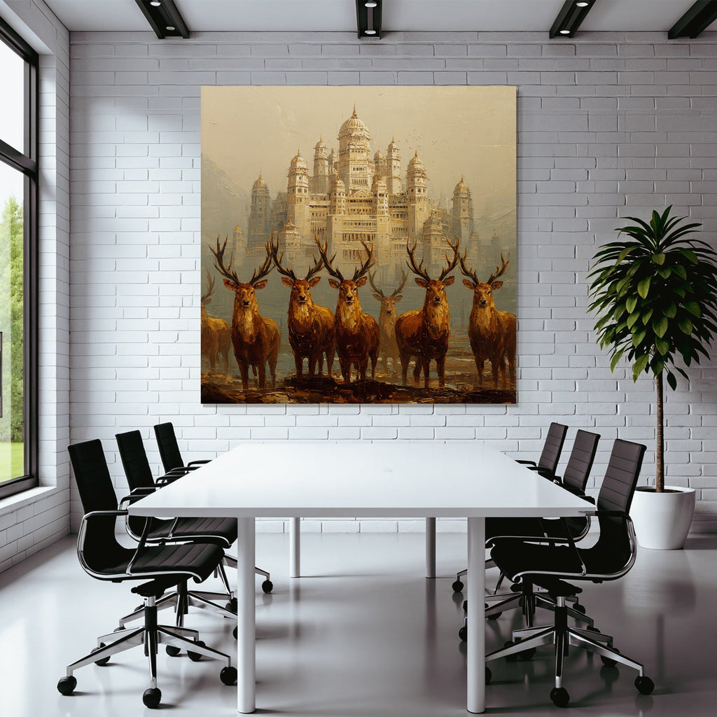 Majestic Castle and Deer in Warm Golden Light