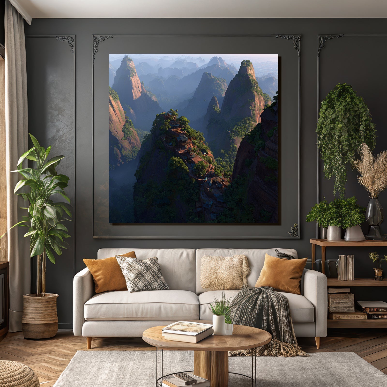 Mystische Berglandschaft Mit Felsformationen Und Häusern