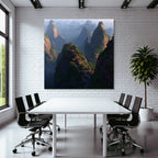Mystische Berglandschaft Mit Felsformationen Und Häusern
