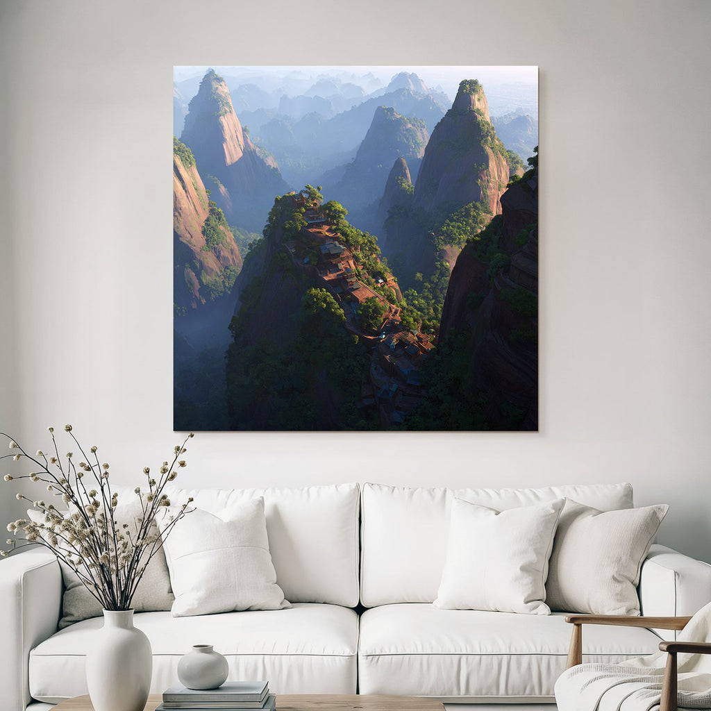 Mystische Berglandschaft Mit Felsformationen Und Häusern