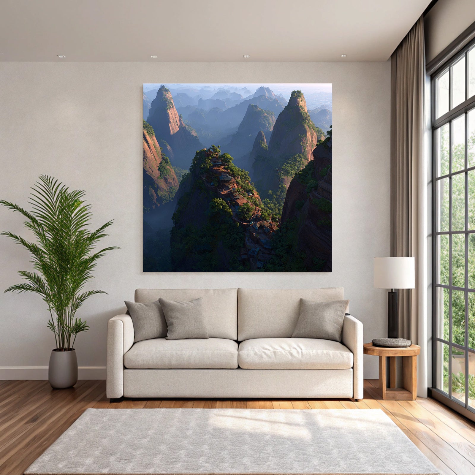 Mystische Berglandschaft Mit Felsformationen Und Häusern