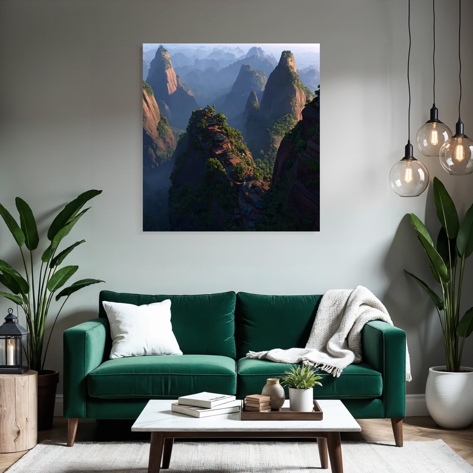 Mystische Berglandschaft Mit Felsformationen Und Häusern