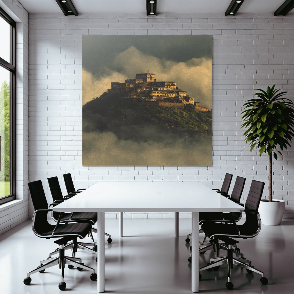 Mystische Burg Auf Hügel In Wolkennebel