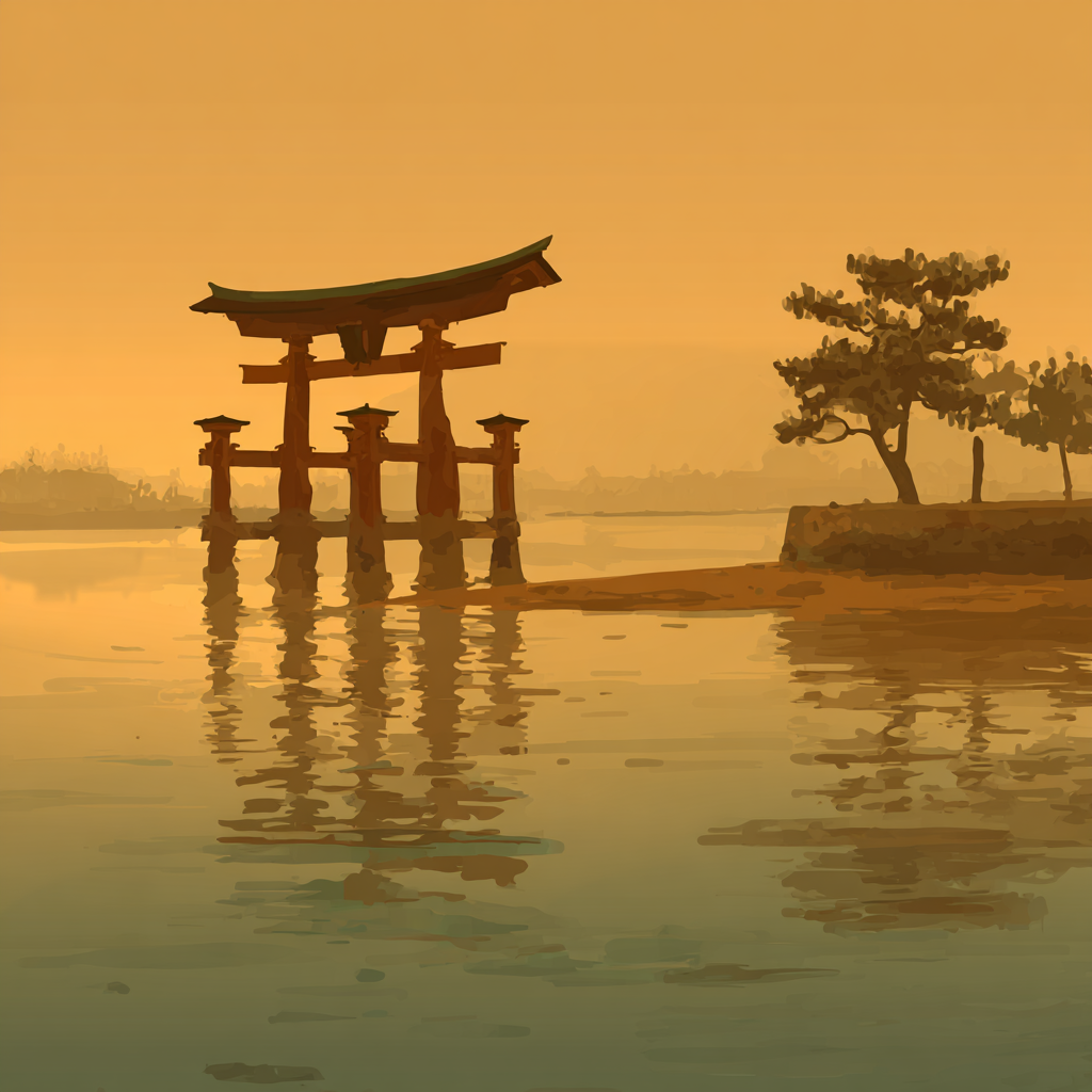 Sonnenuntergang Mit Torii Tor Im Wasser Und Baum | UNESCO Weltkulturerbe | Laender und Reisen