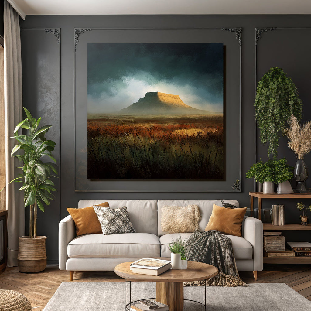 Tafelberglandschaft Mit Grasuntergrund Unter Dramatischem Himmel