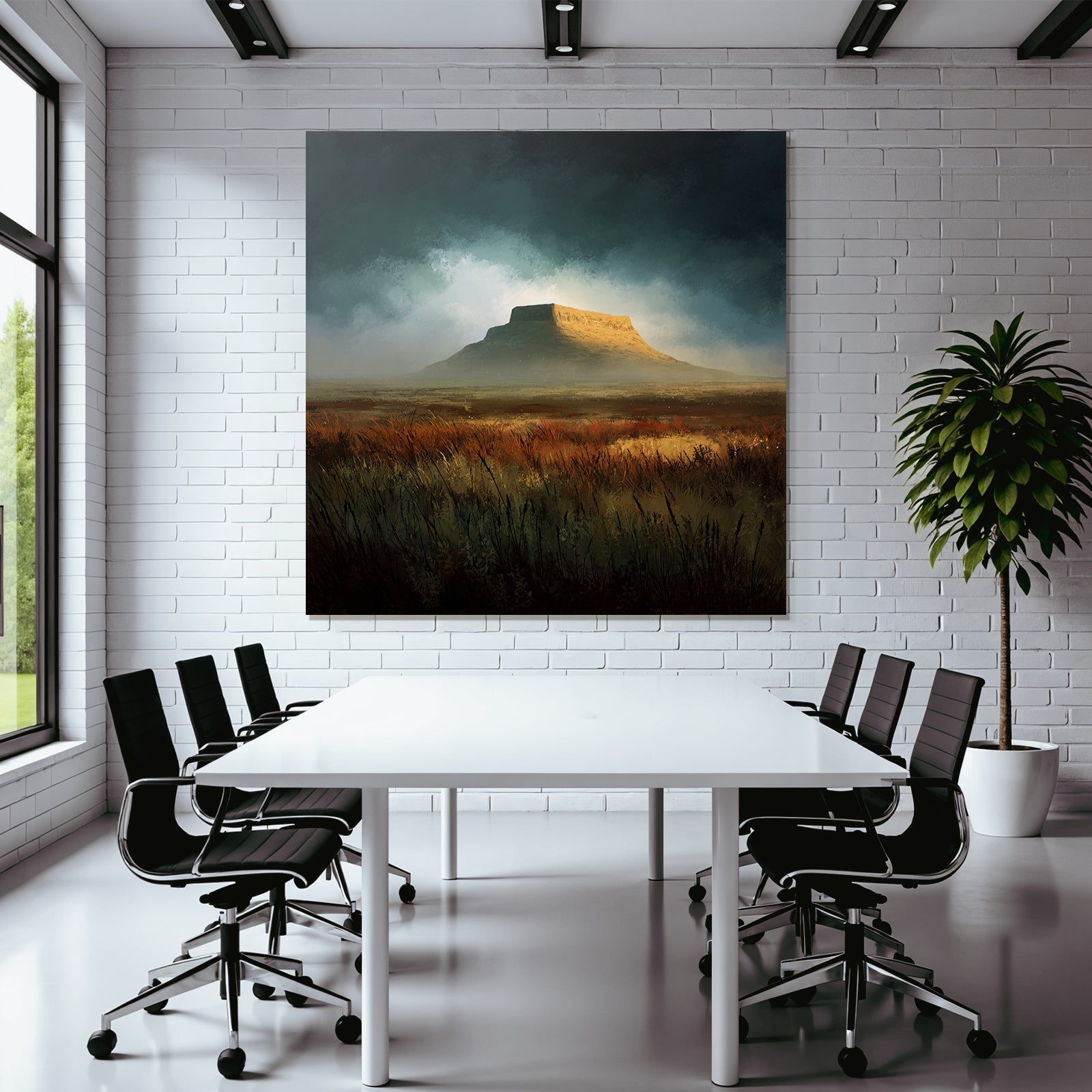 Tafelberglandschaft Mit Grasuntergrund Unter Dramatischem Himmel