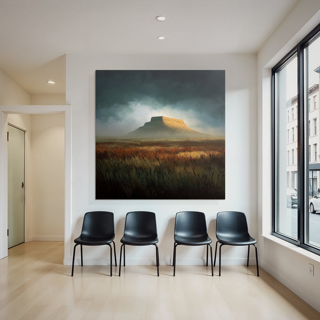 Tafelberglandschaft Mit Grasuntergrund Unter Dramatischem Himmel