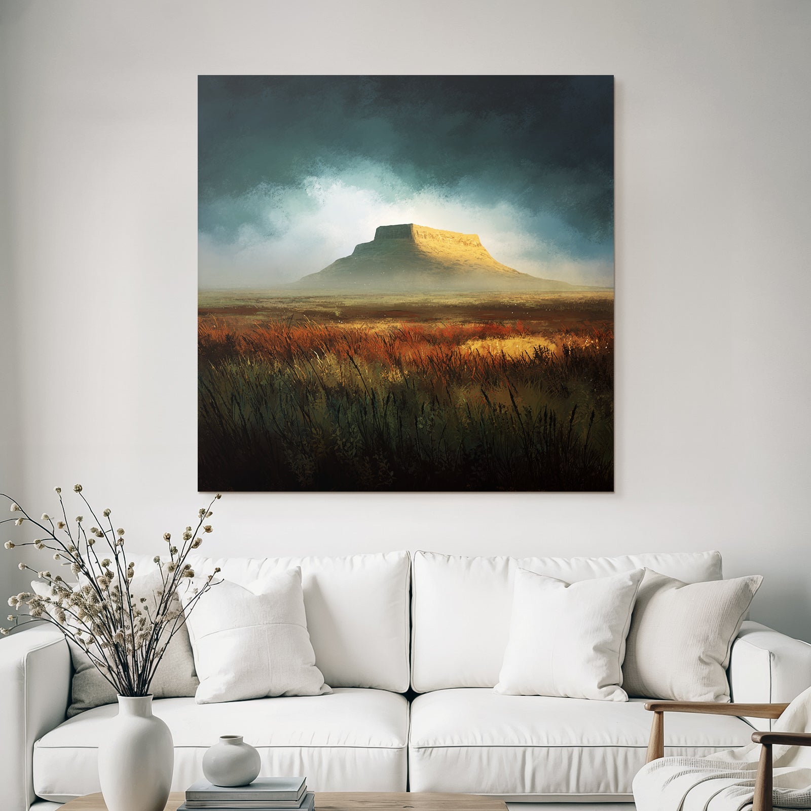 Tafelberglandschaft Mit Grasuntergrund Unter Dramatischem Himmel
