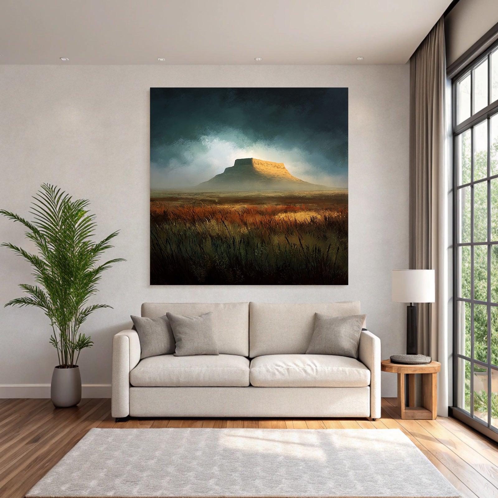 Tafelberglandschaft Mit Grasuntergrund Unter Dramatischem Himmel