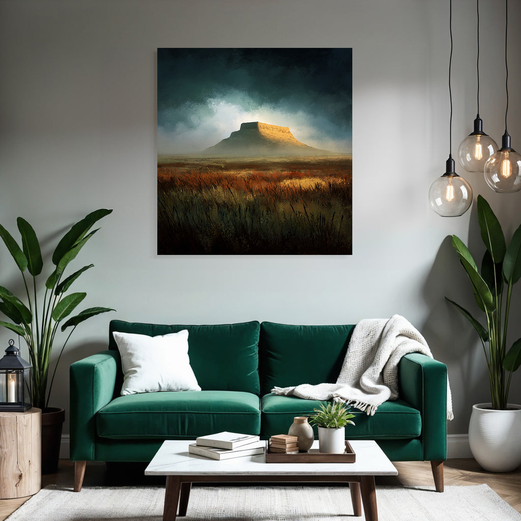Tafelberglandschaft Mit Grasuntergrund Unter Dramatischem Himmel