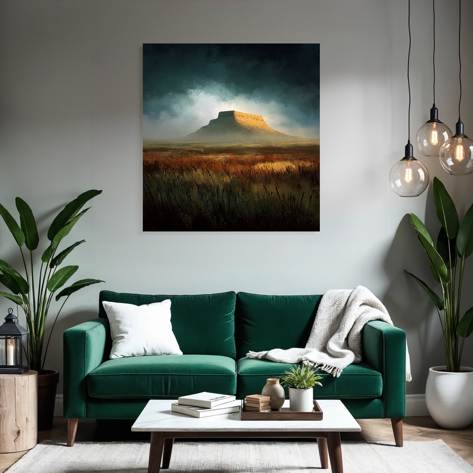 Tafelberglandschaft Mit Grasuntergrund Unter Dramatischem Himmel