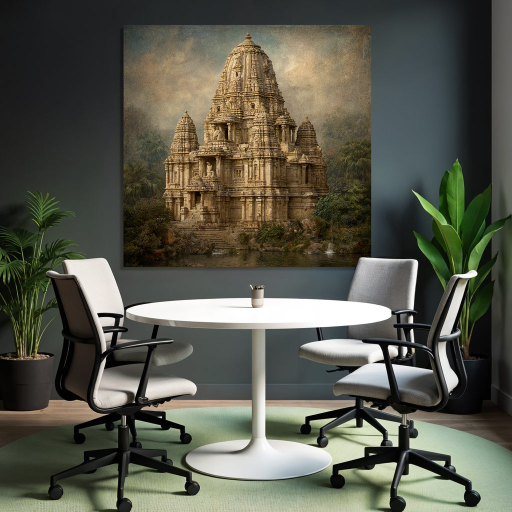 Traditional Hindu Temple Surrounded by Lush Greenery and Water
