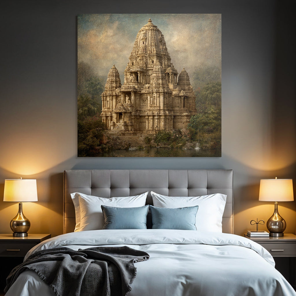 Traditional Hindu Temple Surrounded by Lush Greenery and Water