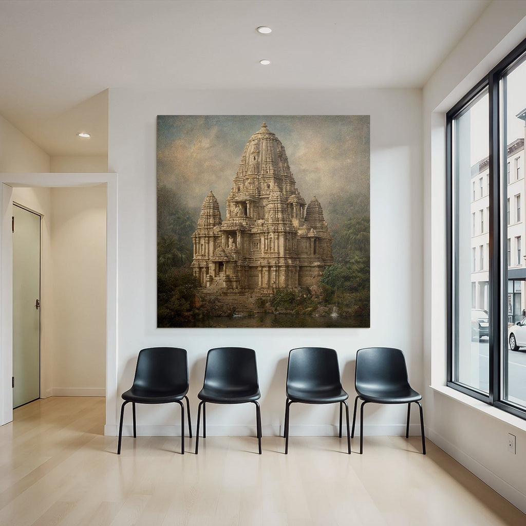 Traditional Hindu Temple Surrounded by Lush Greenery and Water